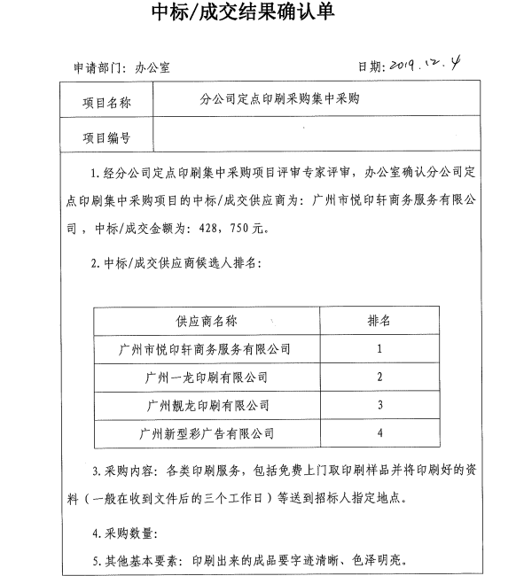 分公司定点印刷采购服务集中采购成交结果确认单公示